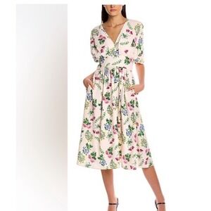ALEXIA ADMOR August Floral Midi Dress Ivory DITZY V Neck Wrap Waist Size 10 NWT